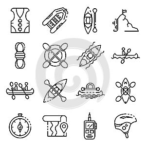 Canoeing icons set, outline style