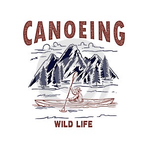 Canoeing. Illustration of wild mountains landscape, river and man on canoe. Design element for logo, label, sign, poster