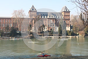 Canoeing on the river Po in Turin at the Park of Valentino, Turin, Italy