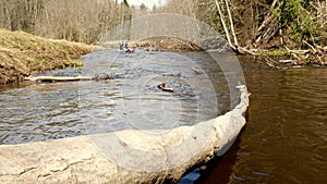 Canoeing, a type of rowing sport, follow of dual kayak going down the river.