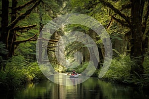 canoeist exploring lush forest, with tall trees and peaceful water