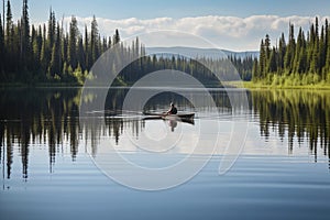 canoeist paddling through calm lake, with reflections visible on the water