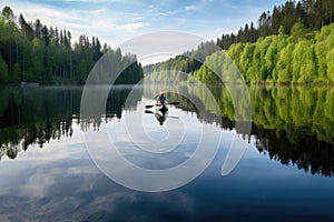 canoeist paddling through calm lake, with reflections visible on the water