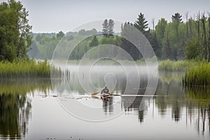 canoeist paddling on calm lake, with trees and wildlife in the background