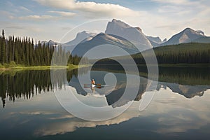 canoeist paddling through calm and serene lake, with towering mountains in the background