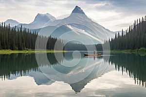canoeist paddling through calm and serene lake, with towering mountains in the background