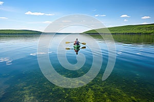 canoeist paddling on crystal-clear lake, with view of rolling hills in the distance