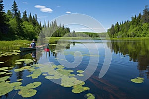 canoeist paddling down quiet lake, with fish jumping in the distance