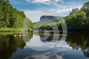 canoeist paddling down serene river, with incredible scenery in the background