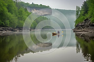 canoeist paddling down serene river, with incredible scenery in the background