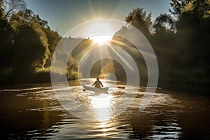 canoeist paddling down serene river, with the sun shining on the water