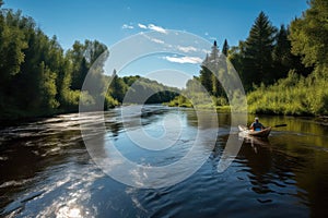 canoeist paddling down serene river, the water glistening in the sunlight