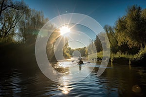 canoeist paddling down a tranquil river, with the sun shining overhead