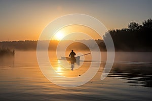 canoeist paddling in the early morning mist, with sunrise visible on the horizon