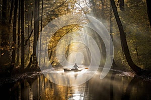 canoeist paddling through misty forest, with sunlight filtering through the trees