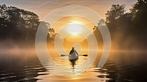 Canoeist Paddling on Misty River at Sunrise