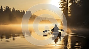 Canoeist Paddling on Misty River at Sunrise