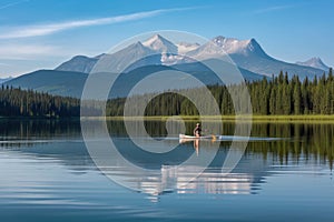 canoeist paddling through peaceful lake, with mountain peaks in the background