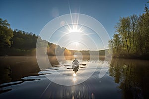 canoeist paddling through peaceful lake, with sun shining down