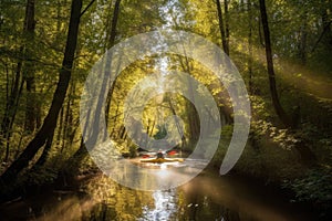 canoeist paddling through serene forest, with the sun shining through the trees