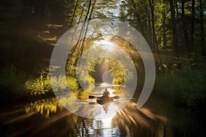 canoeist paddling through serene forest, with the sun shining through the trees