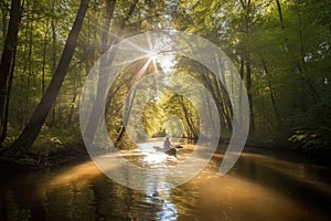 canoeist paddling through serene forest, with the sun shining through the trees