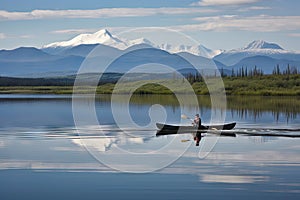 canoeist paddling on still lake, with view of distant mountains