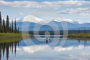 canoeist paddling on still lake, with view of distant mountains