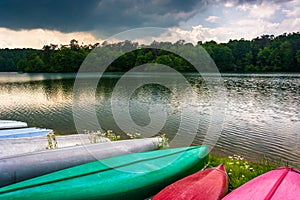 Canoes along the shore of Prettyboy Reservoir in Baltimore, Mary