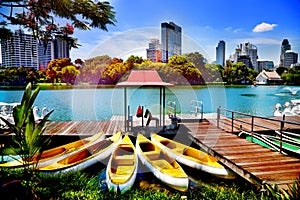 Canoes and boats in Lumpini Park in Bangkok, Thailand