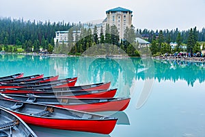 Canoes docked at Lake Louise