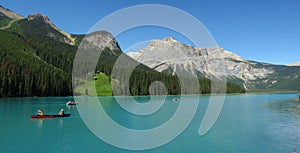 Landscape Panorama of Red Canoes on Glacial Emerald Lake, Yoho National Park, British Columbia