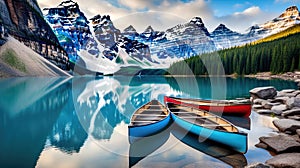 Canoes on a jetty at Moraine lake, Banff national park in the Rocky Mountains, Alberta, Canada