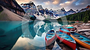 Canoes on a jetty at Moraine lake, Banff national park in the Rocky Mountains, Alberta, Canada