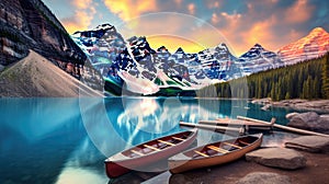 Canoes on a jetty at Moraine lake, Banff national park in the Rocky Mountains, Alberta, Canada