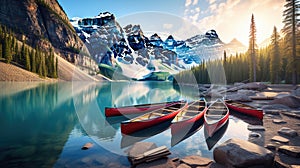 Canoes on a jetty at Moraine lake, Banff national park in the Rocky Mountains, Alberta, Canada