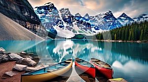 Canoes on a jetty at Moraine lake, Banff national park in the Rocky Mountains, Alberta, Canada