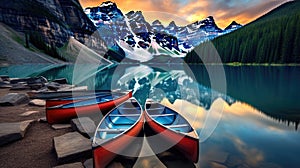 Canoes on a jetty at Moraine lake, Banff national park in the Rocky Mountains, Alberta, Canada