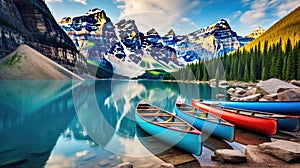 Canoes on a jetty at Moraine lake, Banff national park in the Rocky Mountains, Alberta, Canada