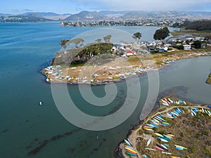 Canoes and kayaks line the shore, Los Osos, California, aerial image