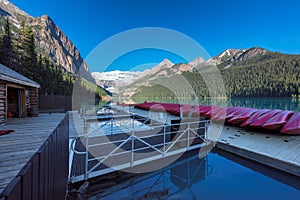 Canoes on Lake Louise, Banff national park, Alberta, Canada.