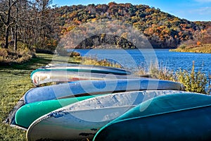 Canoes lined up by Devils Lake