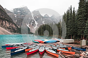 Canoes at Moraine Lake Alberta