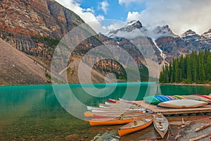 Canoes on Moraine Lake.Banff National Park. Canadian Rocky Montains.Alberta.Canada