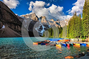 Canoes on Moraine lake, Banff national park in the Rocky Mountains, Alberta, Canada.