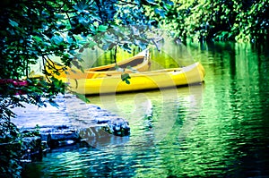 Canoes parked by the river