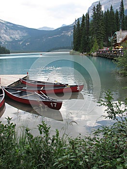 Canoes on picturesque lake