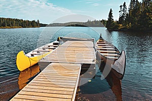 Canoes on the shore of the lake on a sunny day in the Mauricie National Park, Canada. Nature lifestyle concept