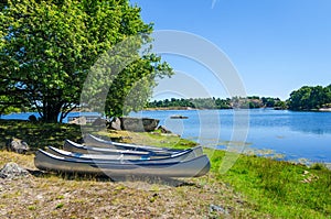 Canoes on Swedish sea coast
