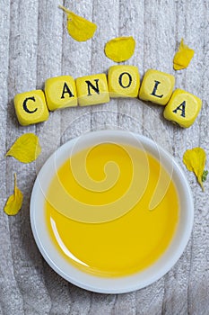Canola with oil concept on gray wood photo